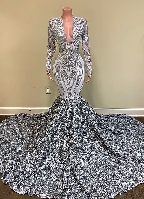 Long Sleeves V-Neck Sequins Lace Mermaid Prom Dress with Flowers Bottom Long Sleeves V-Neck Sequins Lace Mermaid Prom Dress with Flowers Bottom