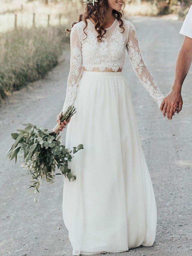 Long Two Piece A-Line Jewel Neck Lace Chiffon Wedding Dresses with Sleeves Long Two Piece A-Line Jewel Neck Lace Chiffon Wedding Dresses with Sleeves