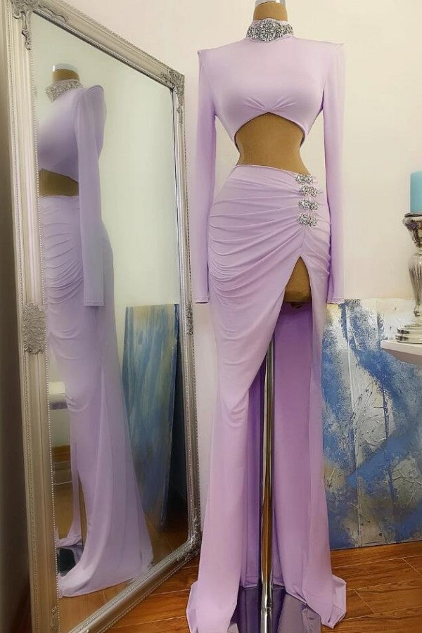 open lace back dress Long Two Piece Mermaid High Neck Split Prom Dress with Sleeves – BIZTUNNEL