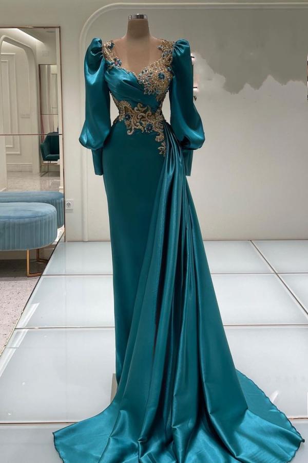 Luxurious Jewel Long Sleeves Satin Mermaid Prom Dresses BIZTUNNEL Luxurious Jewel Long Sleeves Satin Mermaid Prom Dresses BIZTUNNEL