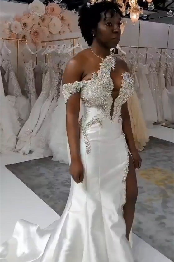 satin beaded mermaid wedding dress Beaded Cap Sleeve Satin Mermaid Wedding Gown