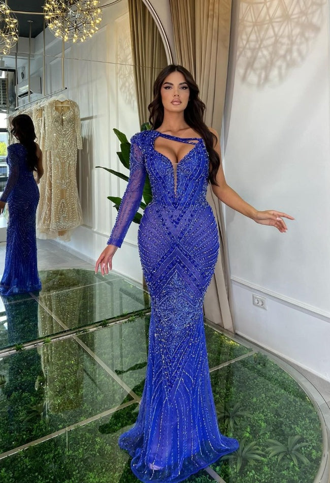 Luxurious Royal Blue Long Sleeves One Shoulder Mermaid Prom Dress with –  BIZTUNNEL