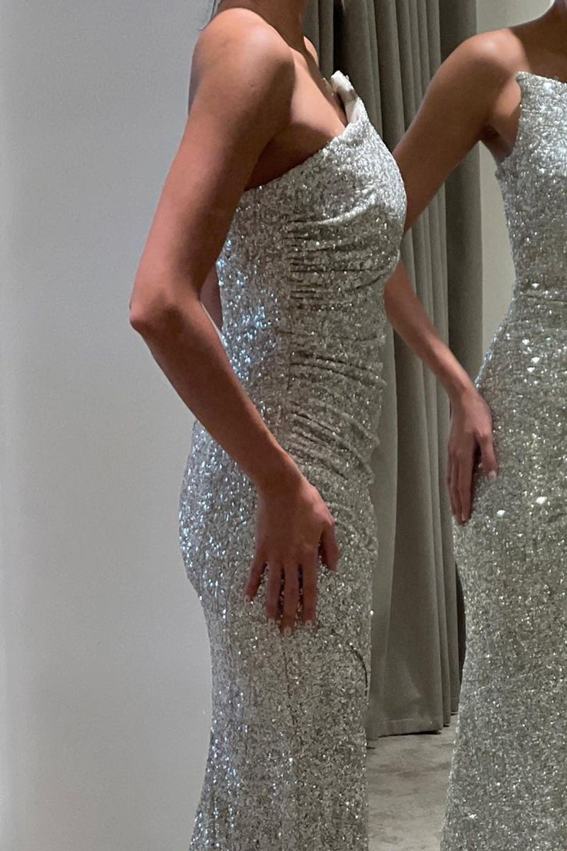 Glitter Mermaid Strapless Sequin Long Evening Dresses with High Slit Formal Prom Dresses,DS3970 main image 0