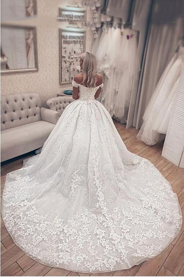 Biztunnel Charming Long A-line Off-the-shoulder Satin Lace Wedding Dresses main image 1