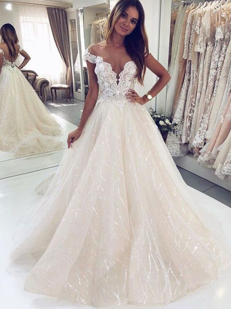 blue dress for baby girl Luxury Long A-line Off-the-shoulder Tulle Open Back Glitter Wedding Dr –  BIZTUNNEL