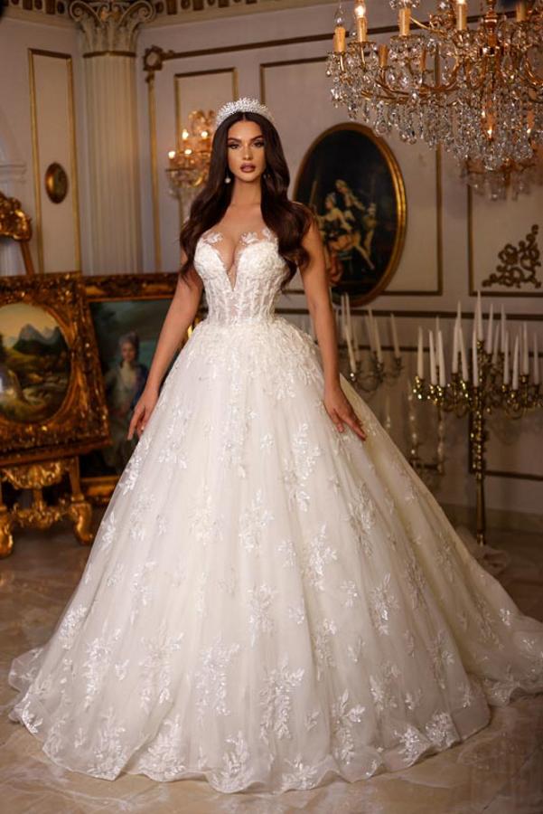 luxury a line wedding dresses Luxury Long A-line Sweetheart Tulle Lace Open Back Wedding Dresses