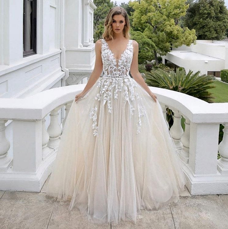 luxury a line wedding dresses Luxury Strips Lace A-Line Wedding Dress Backless Bohemian Wedding Gown AWD1878