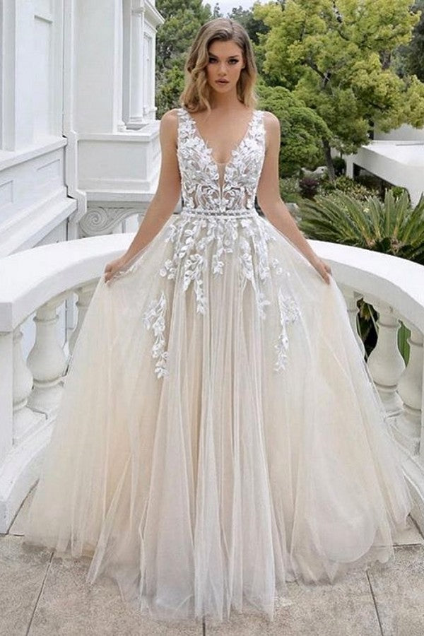 luxury a line wedding dresses Luxury Long A-line V-neck Tulle Sleeveless Backless Wedding Dress with Lace