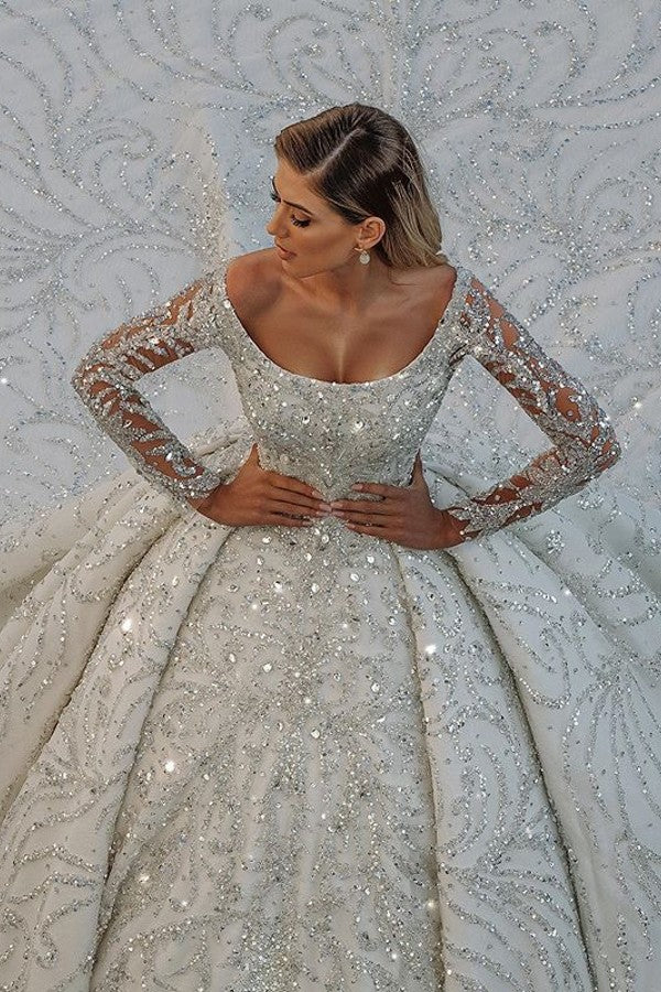 Luxury Long Ball Gown Sequin Off The Shoulder Backless Wedding Dress with Sleeves Luxury Long Ball Gown Sequin Off The Shoulder Backless Wedding Dress with Sleeves