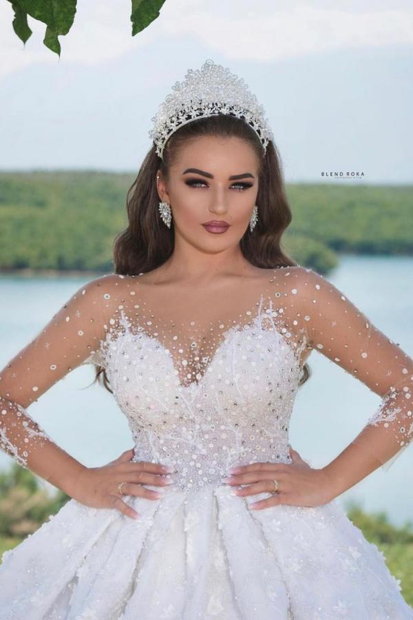 Luxury Long Ball Gown Sweeteart Beads Glitter Wedding Dress with Sleev BIZTUNNEL Luxury Long Ball Gown Sweeteart Beads Glitter Wedding Dress with Sleev BIZTUNNEL