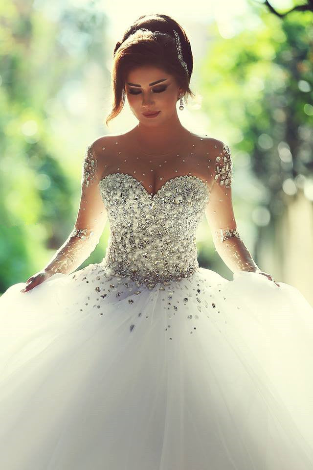 luxury crystal wedding dress Luxury Long Ball Gown Sweetheart Crystals Beading Wedding Dresses with Sleeves