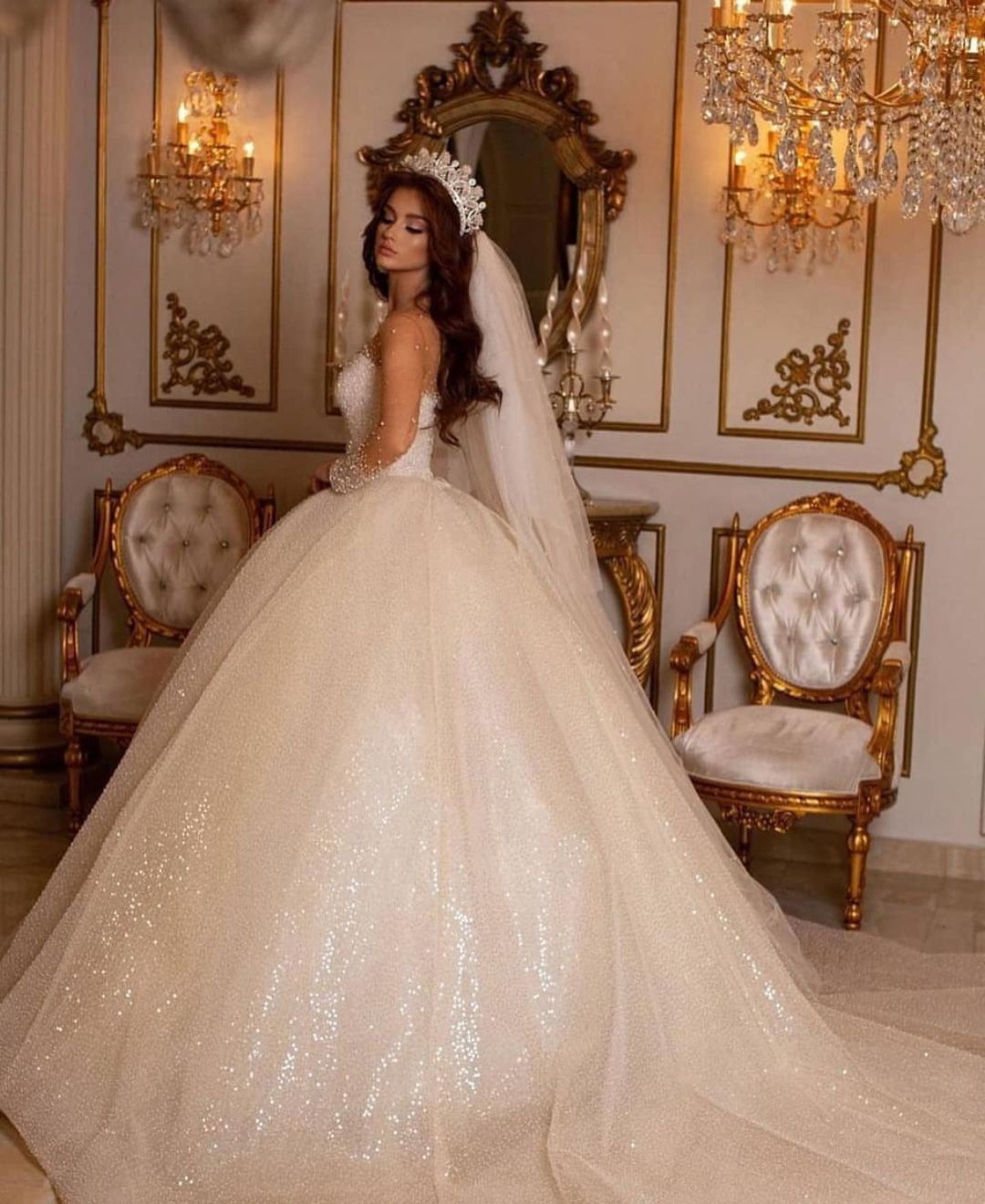 Luxury Long Ball Gown Sweetheart Sparkly Wedding Dress with Sleeves BIZTUNNEL Luxury Long Ball Gown Sweetheart Sparkly Wedding Dress with Sleeves BIZTUNNEL