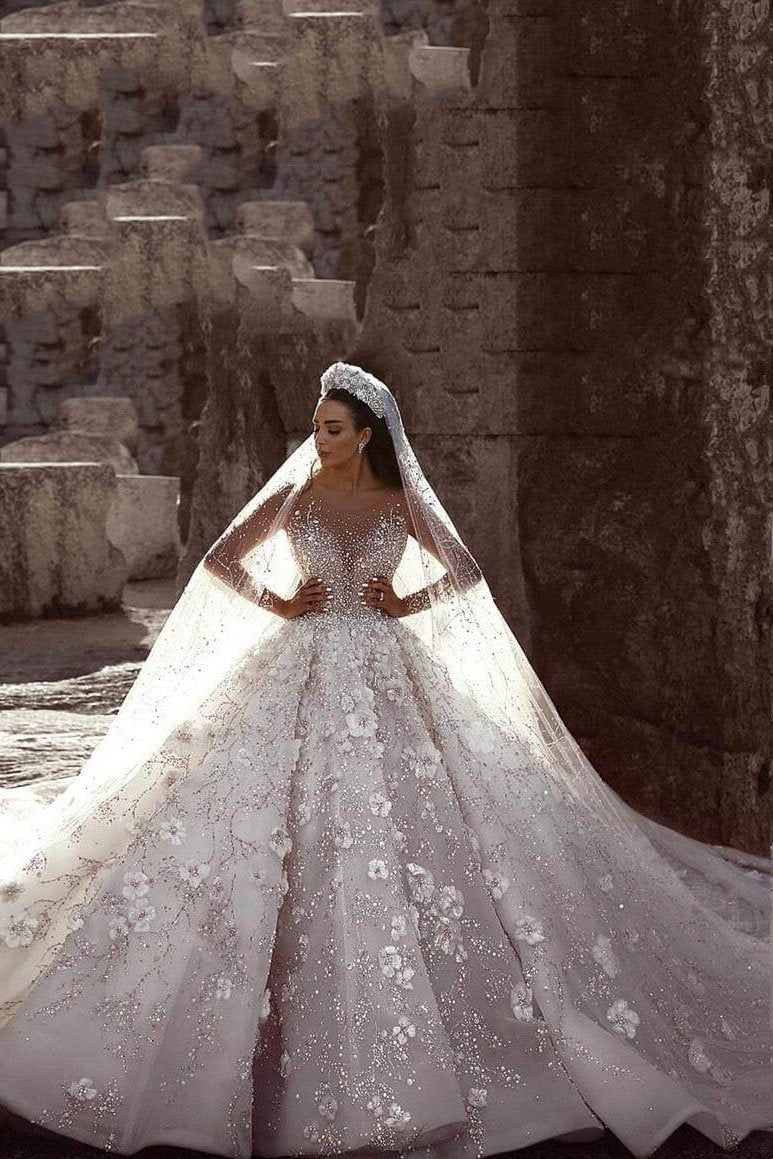 luxury beaded wedding dresses Luxury Long Sleeve Lace Ball Gown Beaded Wedding Dress