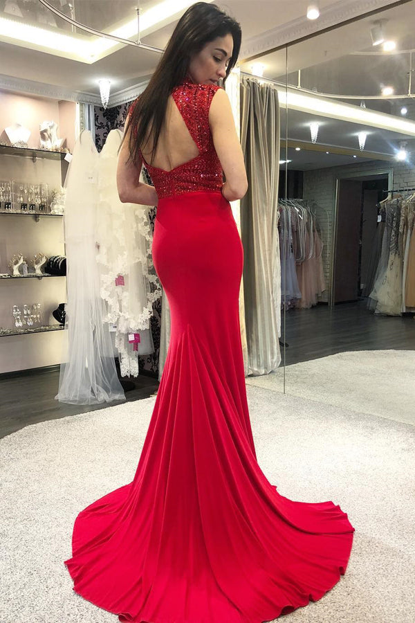 Mermaid Bateau Open Back Beading Satin Long Prom Dress