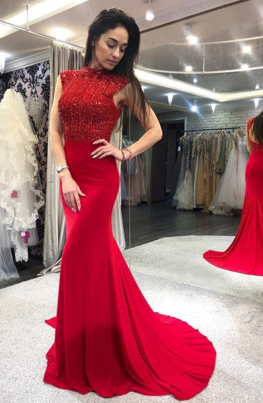 Mermaid Bateau Open Back Beading Satin Long Prom Dress BIZTUNNEL Mermaid Bateau Open Back Beading Satin Long Prom Dress BIZTUNNEL