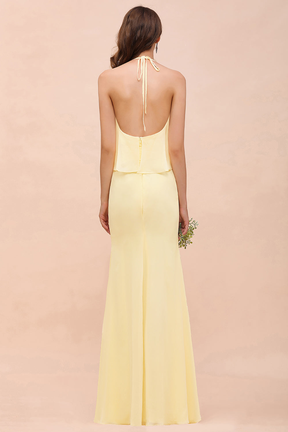 Mermaid Halter Chiffon Bakless Long Bridesmaid Dress with Ruffle