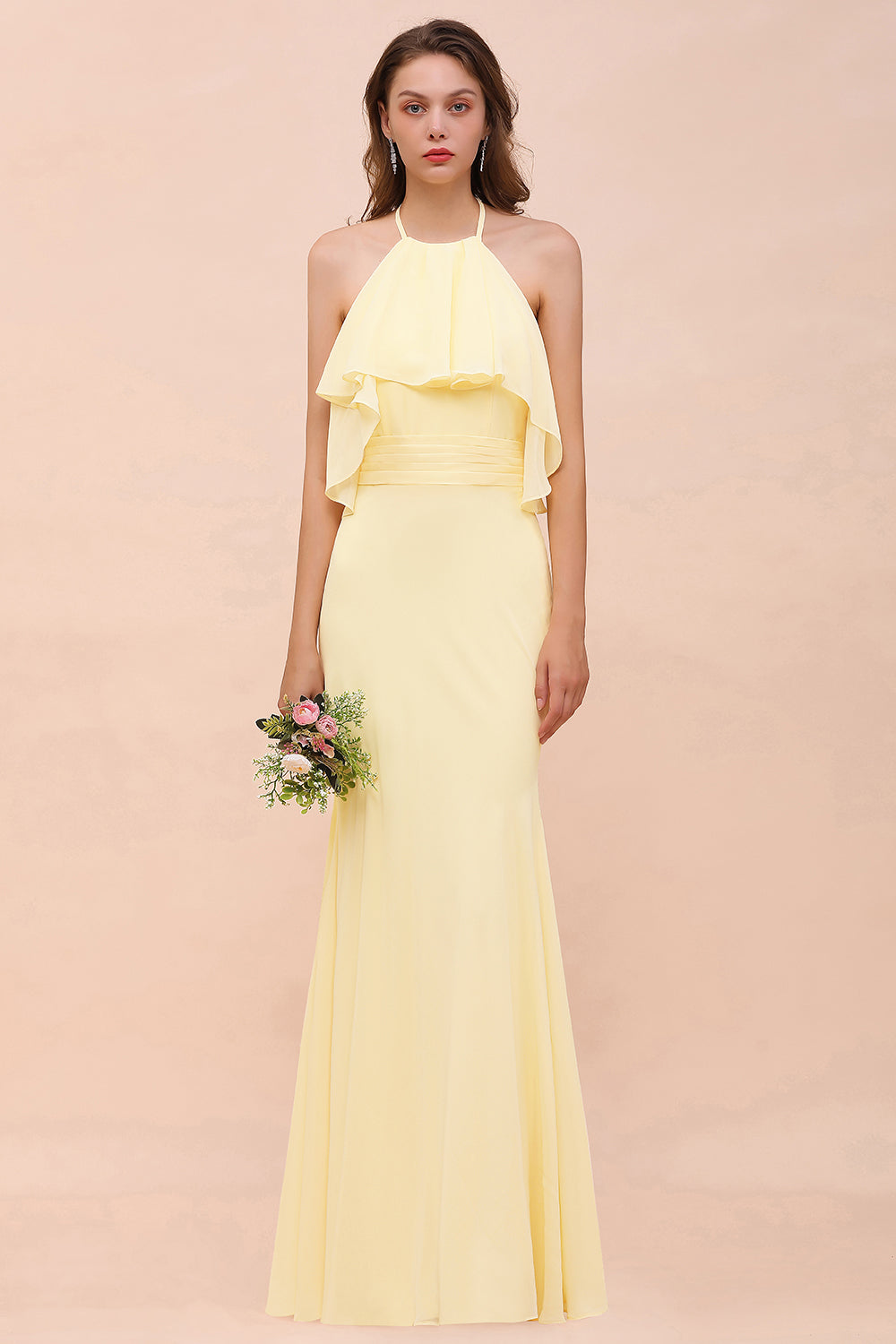 Mermaid Halter Chiffon Bakless Long Bridesmaid Dress with Ruffle Mermaid Halter Chiffon Bakless Long Bridesmaid Dress with Ruffle