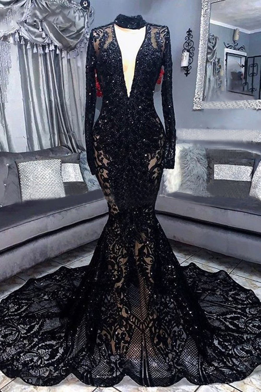 Mermaid High Neck Long Sleeves Prom Dress BIZTUNNEL Mermaid High Neck Long Sleeves Prom Dress BIZTUNNEL