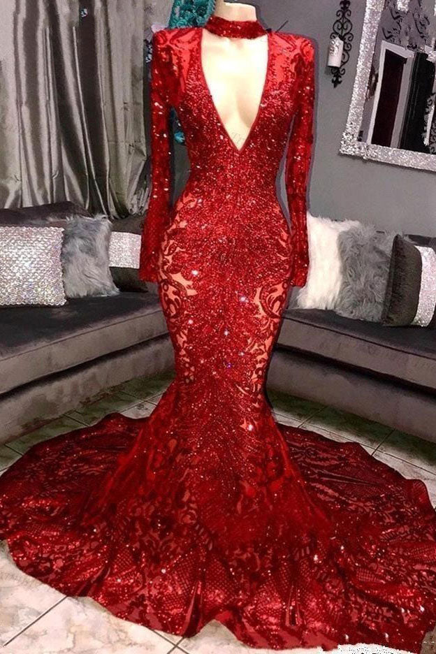 fitted lace wedding dress Mermaid High Neck Long Sleeves Prom Dress