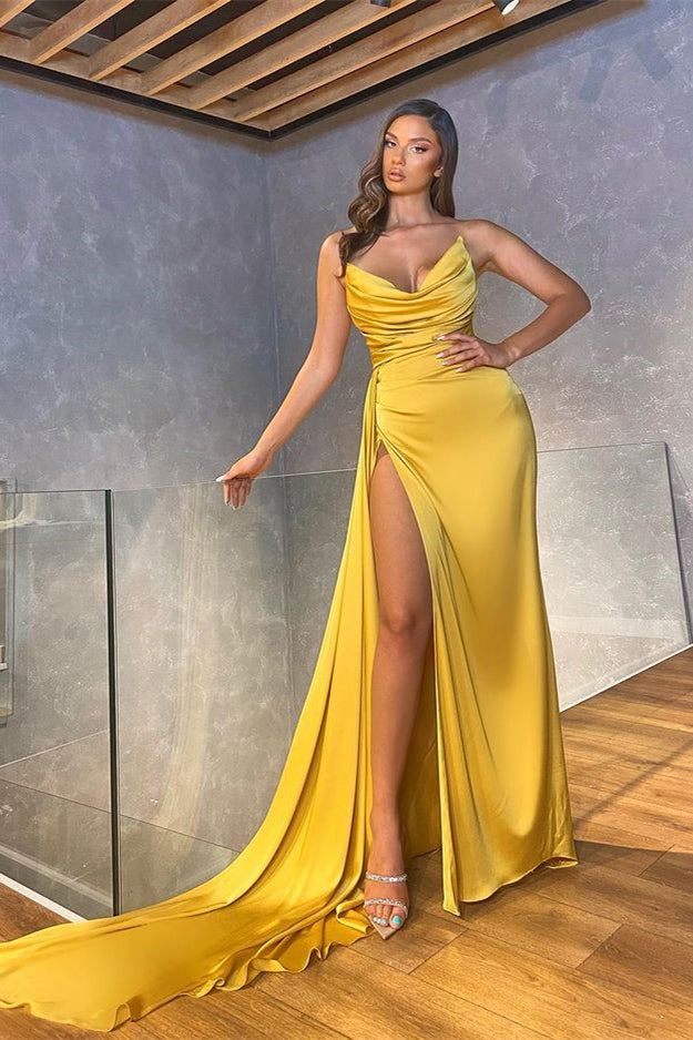 Mermaid Strapless Yellow Croset Satin Long Prom Dresses with Slit LD16012002
