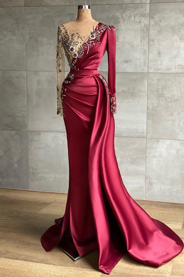 Mermaid Long V-neck Satin Burgundy Prom Dress with Sleeves Mermaid Long V-neck Satin Burgundy Prom Dress with Sleeves