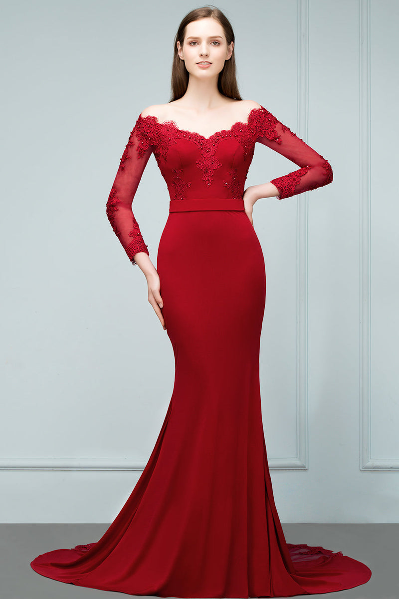 Elegant Off Shoulder V-neck Mermaid Satin Red Long Bridesmaid Dresses with Trailing , BG662