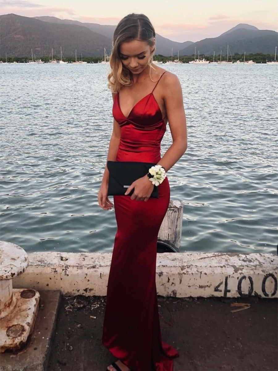 Mermaid V Neck Backless Satin Long Prom Dresses Open Back Formal Eveni –  BIZTUNNEL