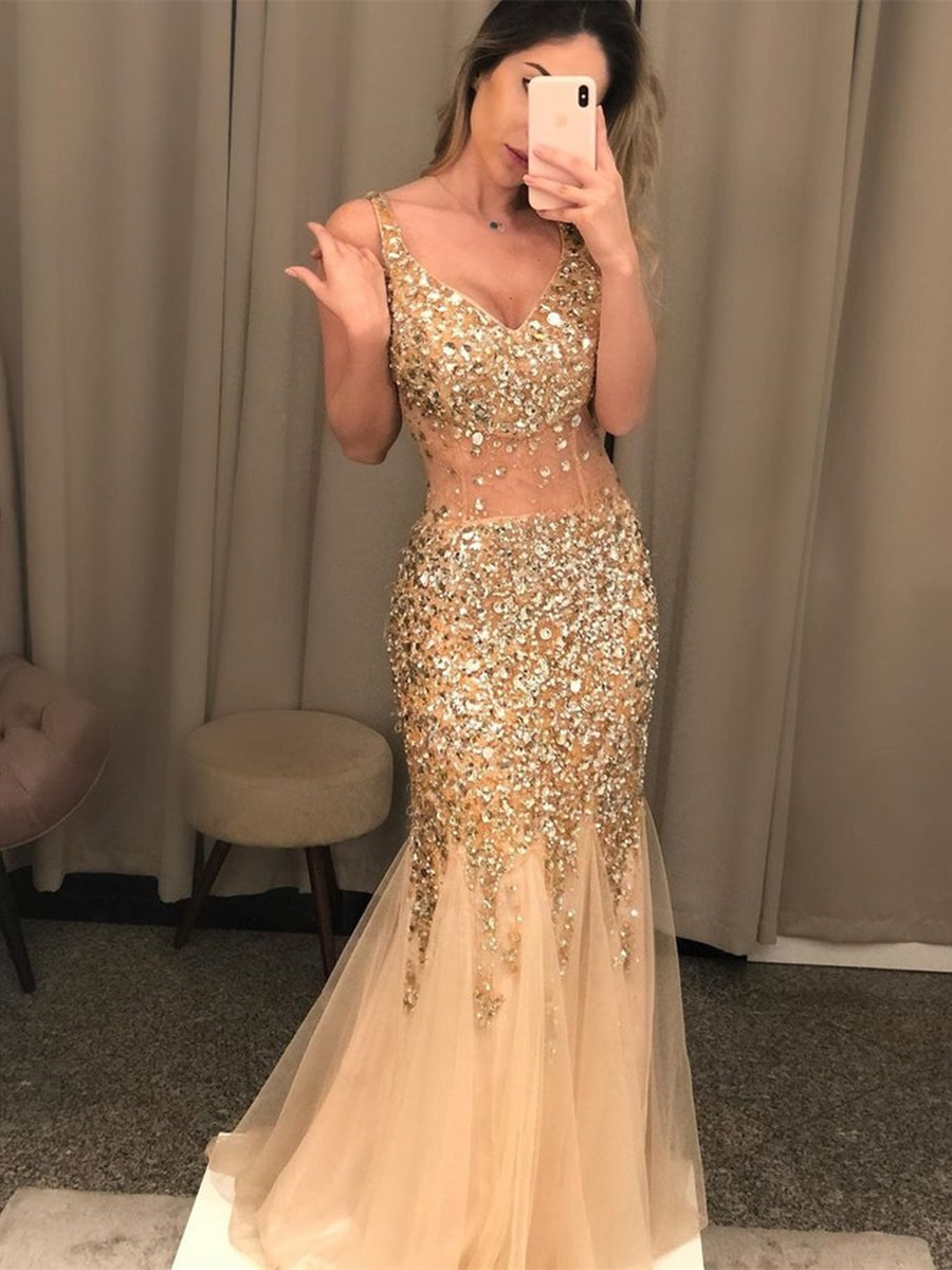 strapless open back dress Mermaid V Neck Long Backless Prom Dresses Tulle Beads Formal Evening Gowns