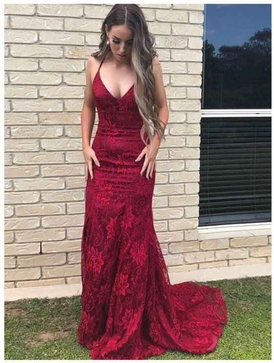 Mermaid V-neck Open Back Lace Long Burgundy Prom Dress – BIZTUNNEL