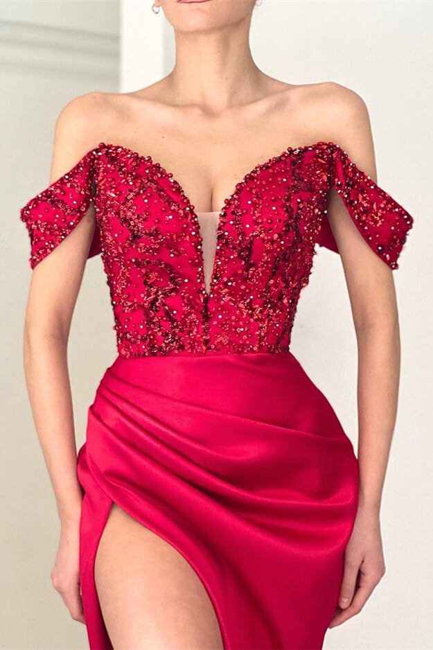 Modern Burgundy Off-the-Shoulder Deep V-Neck Sequined Beaded Mermaid P   BIZTUNNEL