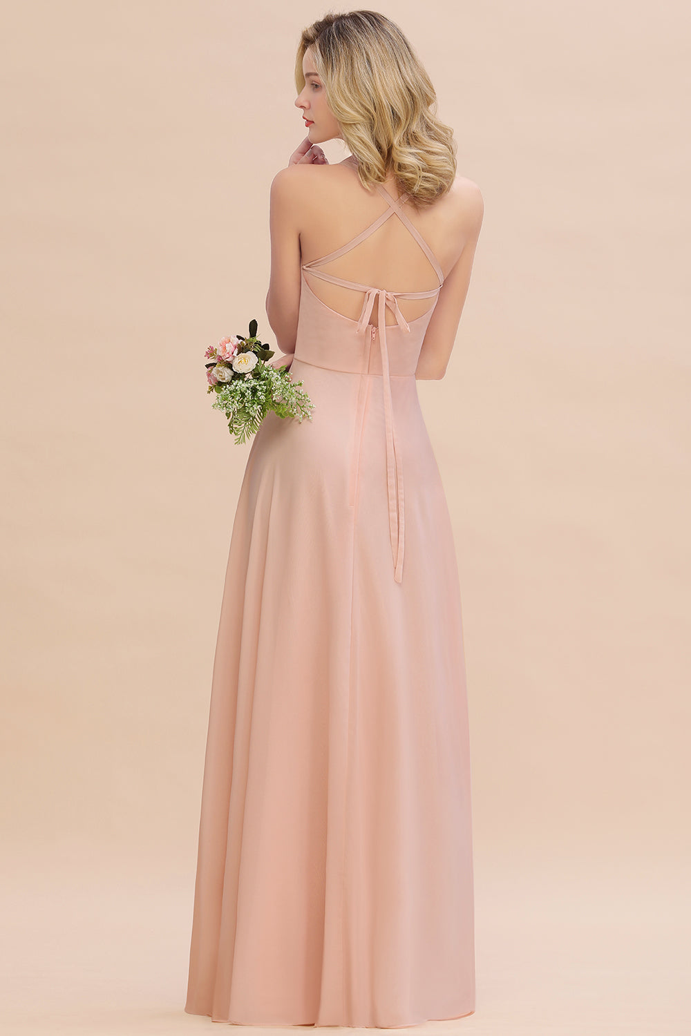Modern Pink Long Chiffon A-line Open Back Bridesmaid Dress Modern Pink Long Chiffon A-line Open Back Bridesmaid Dress