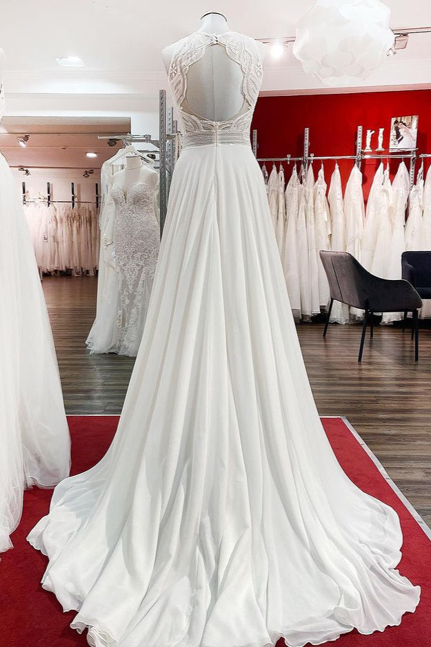 Modest Long A-line Chiffon Jewel Appliques Open Back Wedding Dress   BIZTUNNEL