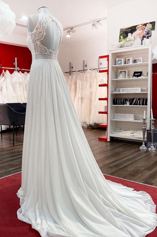 Modest Long A-line Chiffon Jewel Appliques Open Back Wedding Dress Modest Long A-line Chiffon Jewel Appliques Open Back Wedding Dress