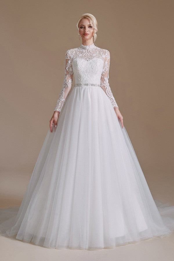 Modest Long A-line High Neck Tulle Lace Wedding Dresses with Sleeves Modest Long A-line High Neck Tulle Lace Wedding Dresses with Sleeves