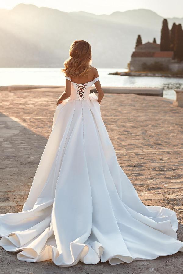 Modest Long A-Line Off The Shoulder Ruched Satin Wedding Dress with Crystals Modest Long A-Line Off The Shoulder Ruched Satin Wedding Dress with Crystals