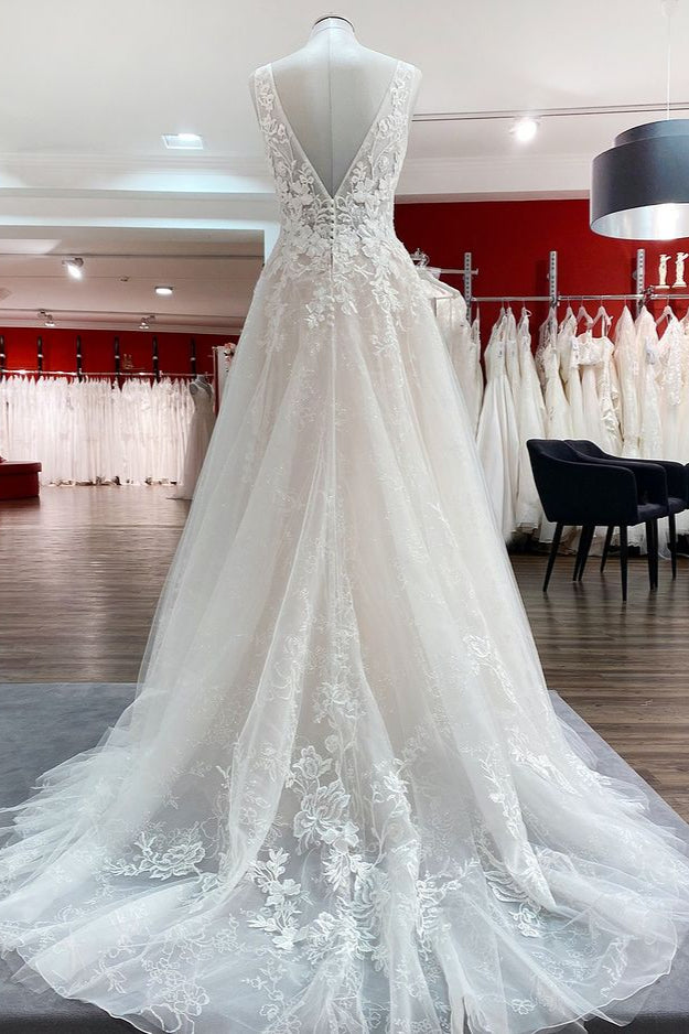 open back tulle wedding dress Deep V-Neck Open Back Tulle A-Line Wedding Dress White / US 2