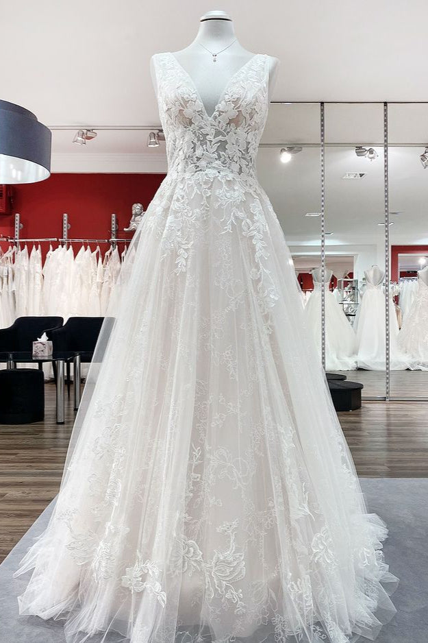 Modest Long A-line V-neck Open Back Tulle Wedding Dress with Appliques –  BIZTUNNEL