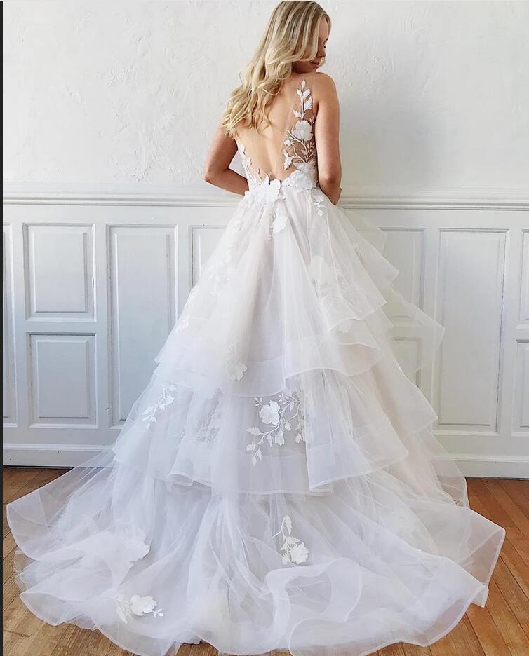 Modest Long A-line V-Neck Spaghetti Straps Tulle Backless Wedding Dress Modest Long A-line V-Neck Spaghetti Straps Tulle Backless Wedding Dress