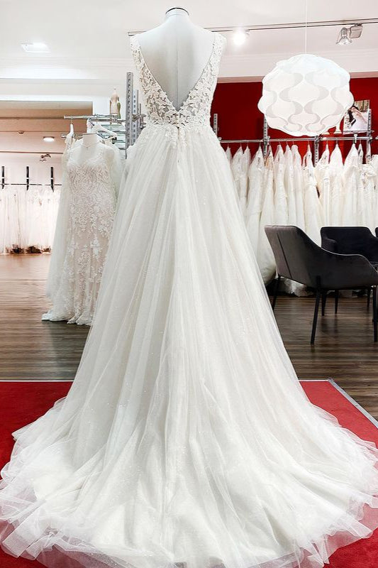 Modest Long A-line V-neck Tulle Ruffles Backless Wedding Dresses With BIZTUNNEL Modest Long A-line V-neck Tulle Ruffles Backless Wedding Dresses With BIZTUNNEL