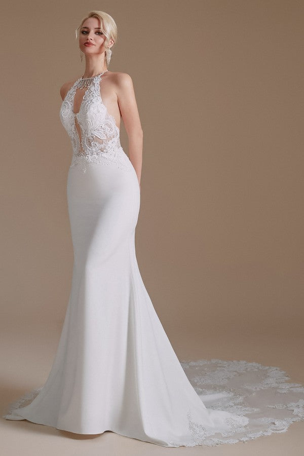 Modest Long Mermaid Halter Backless Satin Wedding Dresses with Appliques Lace Modest Long Mermaid Halter Backless Satin Wedding Dresses with Appliques Lace