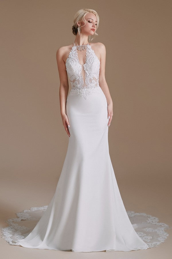 Modest Long Mermaid Halter Backless Satin Wedding Dresses with Appliques Lace Modest Long Mermaid Halter Backless Satin Wedding Dresses with Appliques Lace