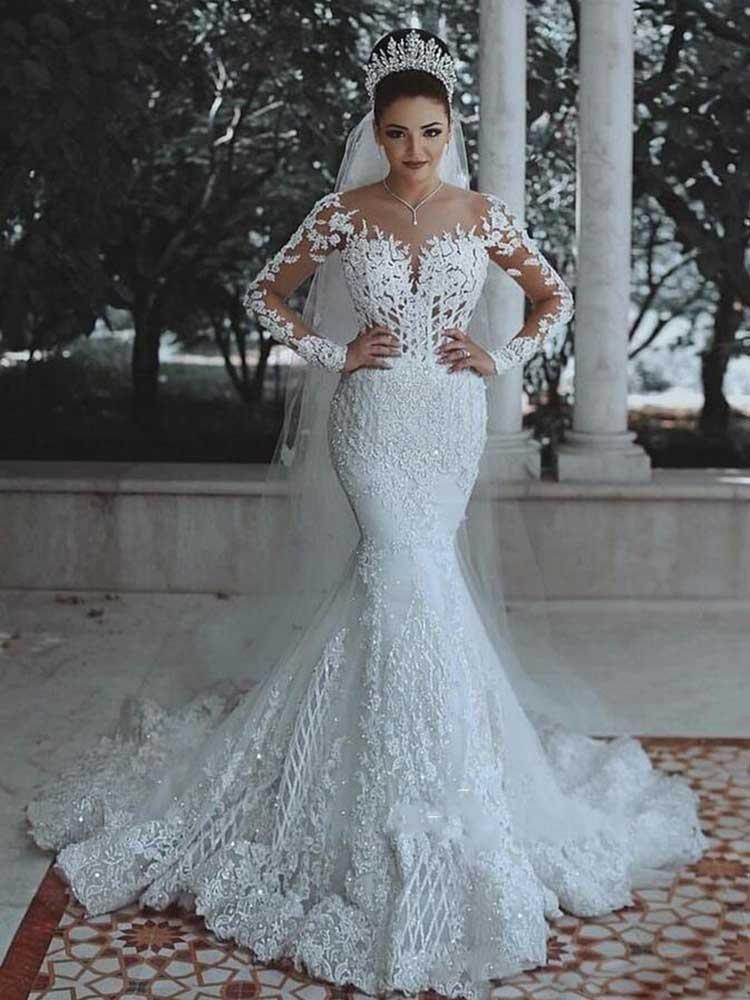 modest mermaid wedding dresses with sleeves Modest Long Mermaid Lace Appliques Wedding Dresses with Sleeves