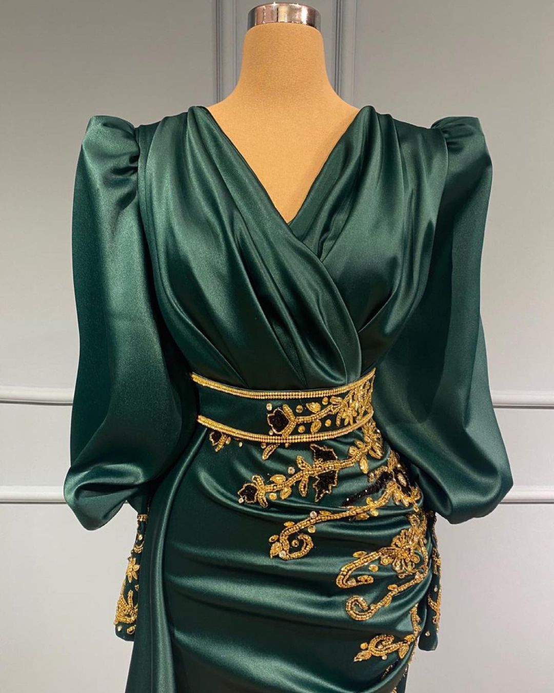 emerald satin dress long sleeve Modest Long Mermaid Satin Beading V-neck Prom Dress with Sleeves