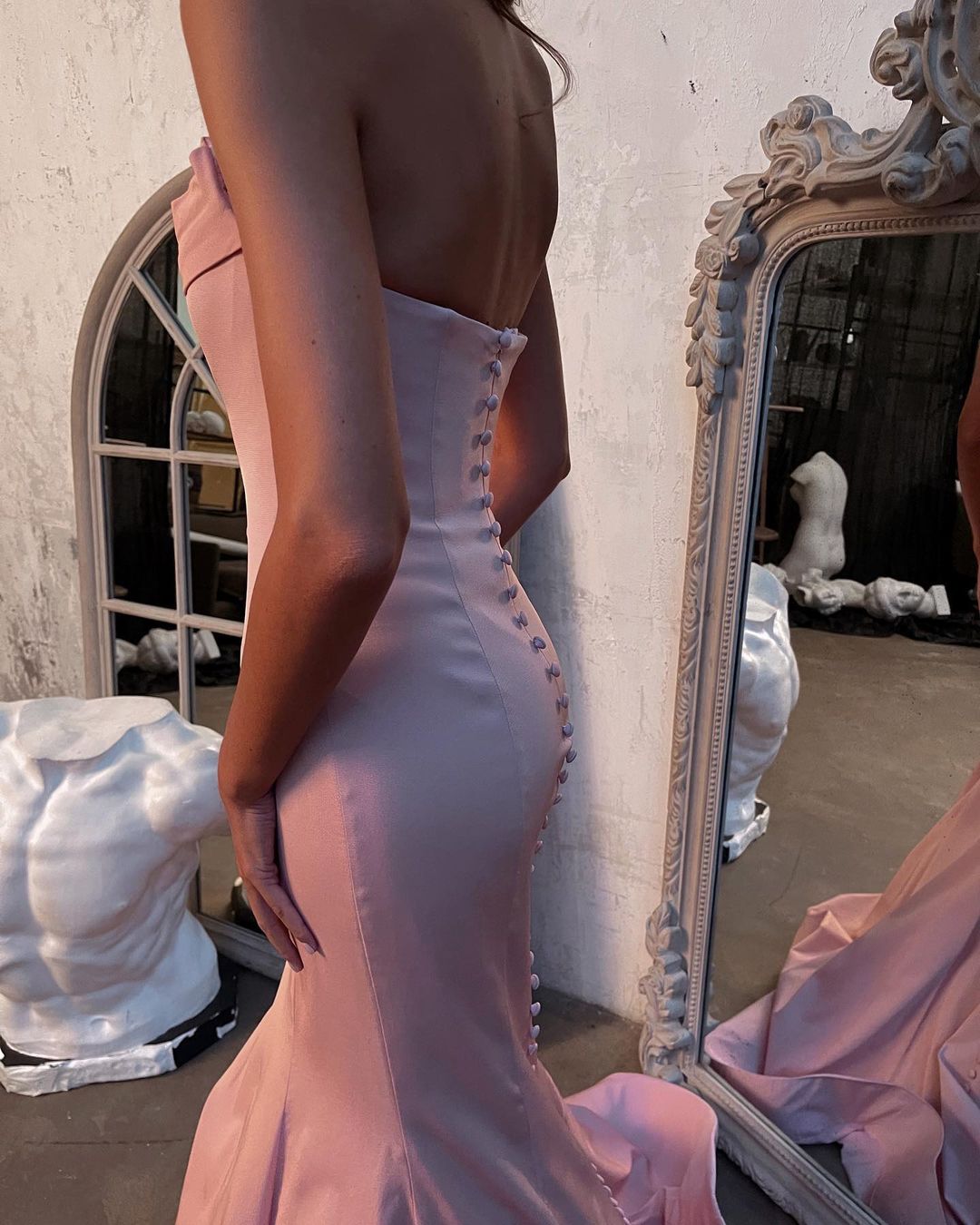 Modest Long Mermaid Strapless Satin Pink Prom Dress BIZTUNNEL Modest Long Mermaid Strapless Satin Pink Prom Dress BIZTUNNEL