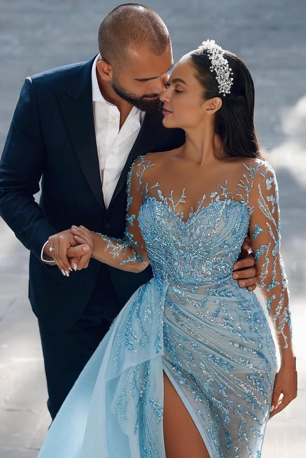 fitted lace wedding dress Modest Long Mermaid Sweetheart Sparkle Front Slit Prom Dress with Sleeves