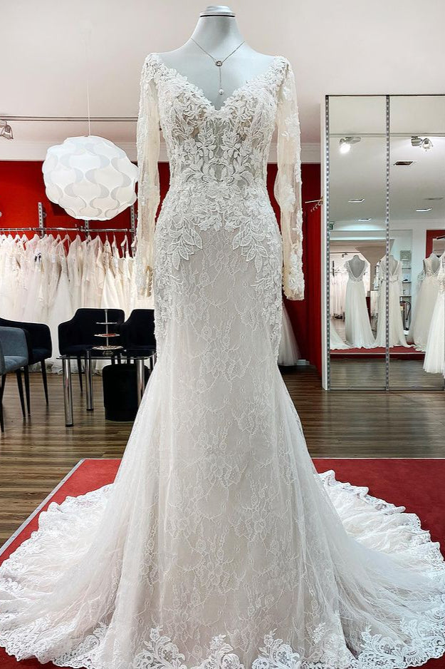 fitted lace wedding dress Off Shoulder Illusion Long Sleeve Beading Lace Satin Mermaid Wedding D –  AlineBridal