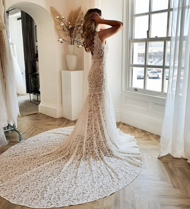 Modest Long Mermaid V-Neck Open Back Lace Wedding Dress Modest Long Mermaid V-Neck Open Back Lace Wedding Dress