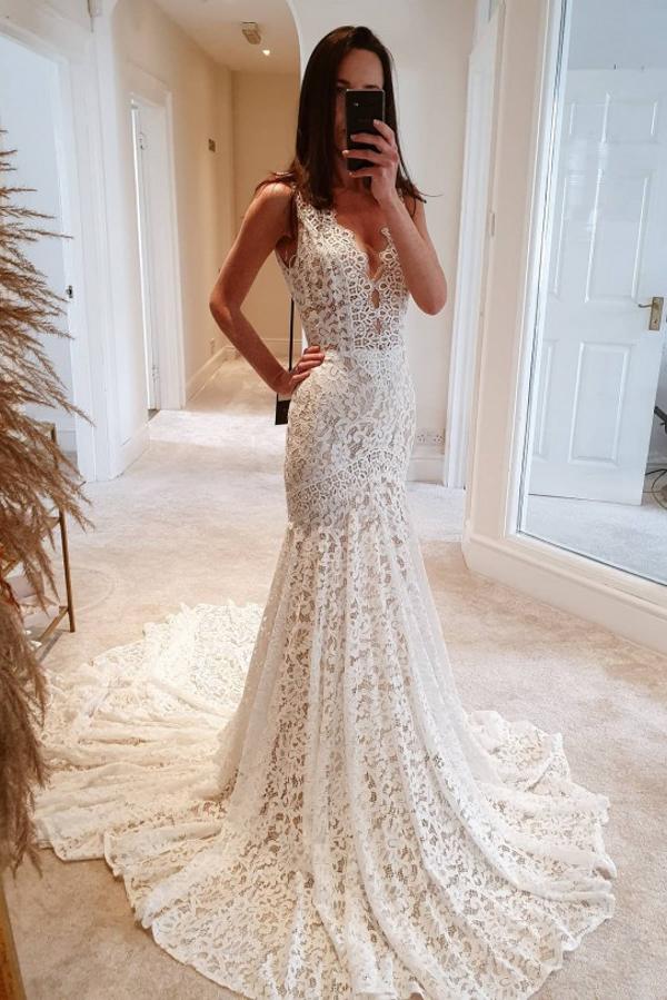 Modest Long Mermaid V-Neck Open Back Lace Wedding Dress