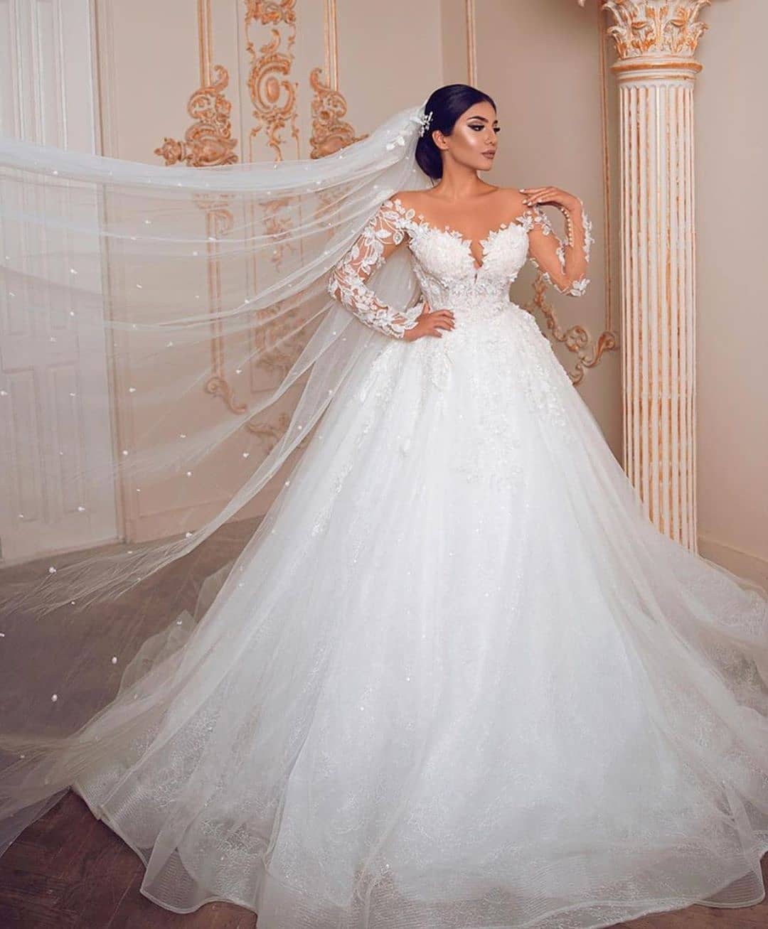 Modest Long Princess Tulle Lace Wedding Dress with Sleeves Modest Long Princess Tulle Lace Wedding Dress with Sleeves