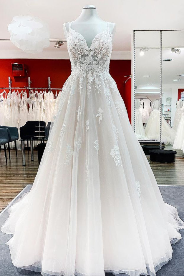 Modest Long Princess V-Neck Tulle Spaghetti Straps Wedding Dress with Lace